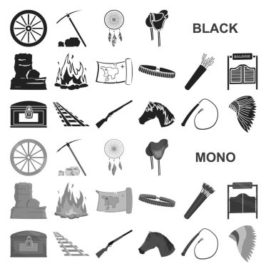 Set koleksiyonu tasarım için vahşi batı siyah simgeler öznitelikleri. Texas ve Amerika sembol stok web illüstrasyon vektör.