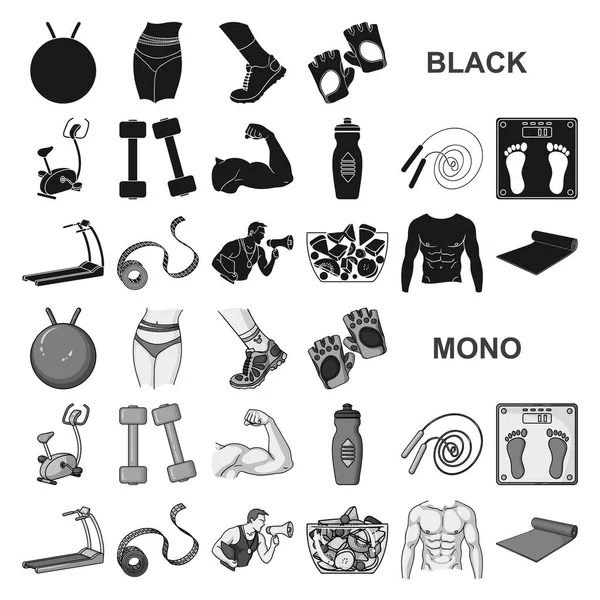 Fitness y atributos de los iconos negros en la colección de conjuntos para el diseño. Equipo de fitness vector símbolo stock web ilustración . — Vector de stock
