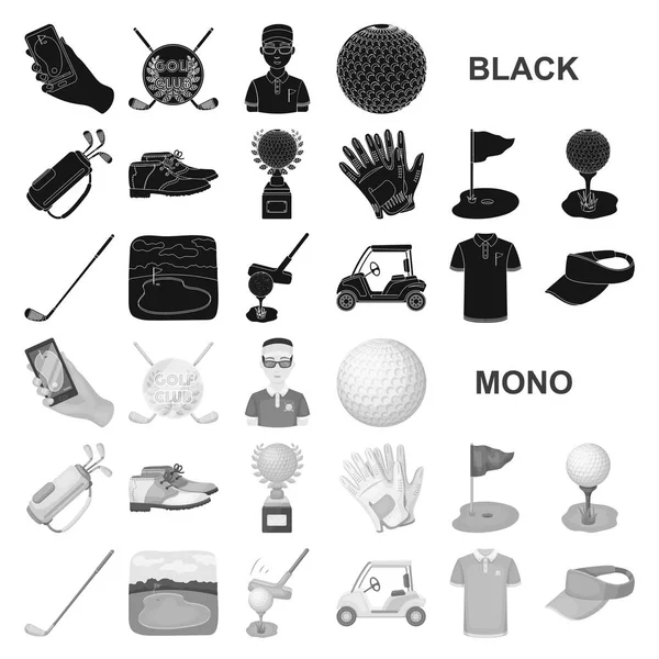 Golf y atributos iconos negros en la colección de conjuntos para design.Golf Club y equipo vector símbolo stock web ilustración . — Archivo Imágenes Vectoriales