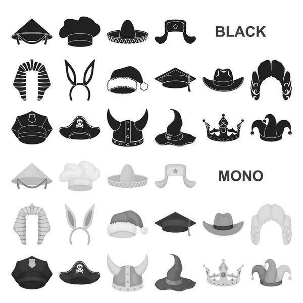 Diferentes tipos de sombreros iconos negros en la colección de conjuntos para design.Headdress vector símbolo stock web ilustración . — Vector de stock