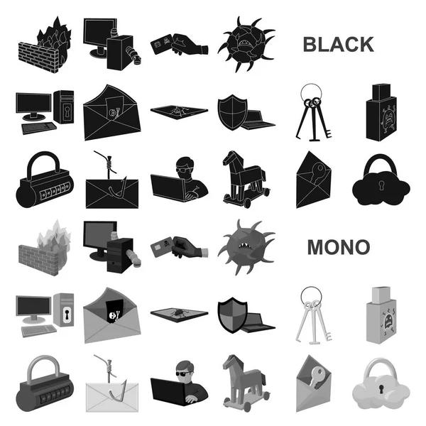 Hacker y hackear iconos negros en la colección de conjuntos para el diseño. Hacker y equipo vector símbolo stock web ilustración . — Archivo Imágenes Vectoriales