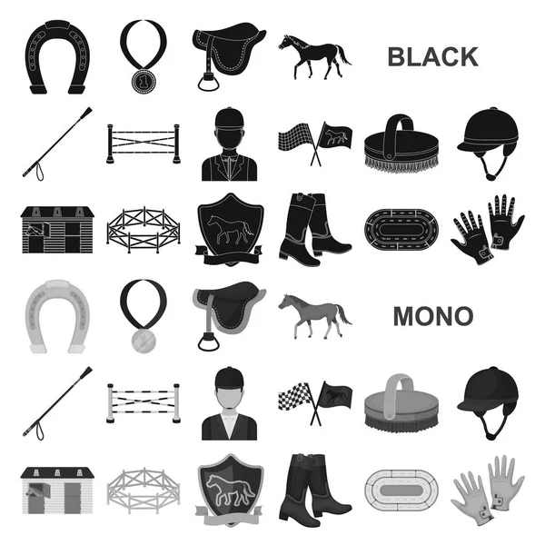 Hippodrom und Pferde schwarze Ikonen in Set-Kollektion für Design. Pferderennen und Ausrüstung Vektor Symbol Stock Web Illustration. — Stockvektor
