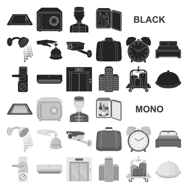 Iconos negros del hotel y del equipo en colección del sistema para el diseño. Hotel y confort vector símbolo stock web ilustración . — Archivo Imágenes Vectoriales