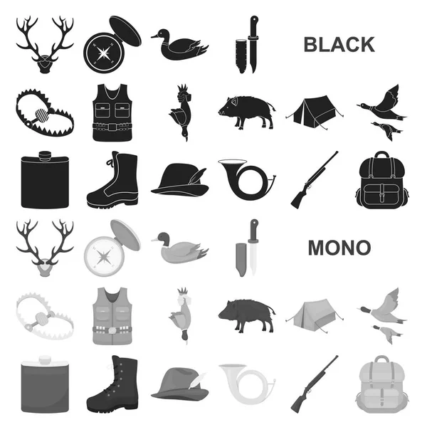 Caza y trofeo iconos negros en la colección de conjuntos para el diseño. Caza y equipo vector símbolo stock web ilustración . — Vector de stock