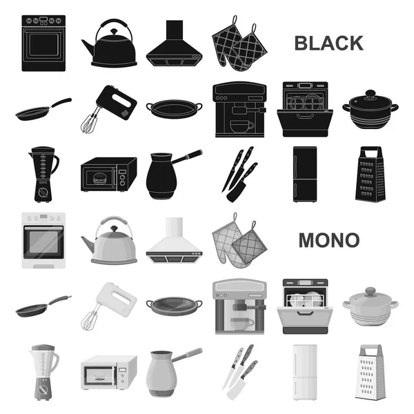 Кухонное оборудование черные иконки в наборе коллекции для дизайна. Векторные изображения векторных символов кухни и аксессуаров . — стоковый вектор
