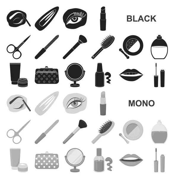 Makeup and cosmetics black icons in set collection for design. Makeup and equipment vector symbol stock web illustration. — Stock Vector