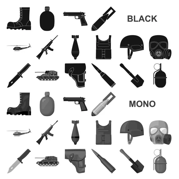 Exército e armamentos ícones pretos na coleção de conjuntos para design. Ilustração da web de estoque de símbolos vetoriais de armas e equipamentos . —  Vetores de Stock