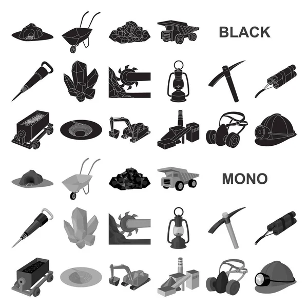 Iconos negros de la industria minera en colección de conjuntos para el diseño. Equipo y herramientas vector símbolo stock web ilustración . — Archivo Imágenes Vectoriales