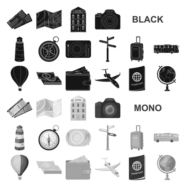 Ξεκούραση και ταξίδια μαύρο εικόνες set συλλογής για το σχεδιασμό. Μεταφορών, Τουρισμού διανυσματικά εικονογράφηση σύμβολο μετοχής web. — Διανυσματικό Αρχείο