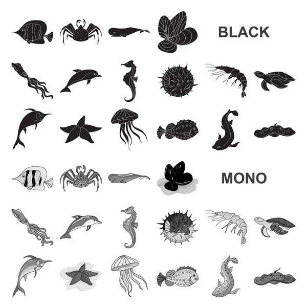 様々 な海洋動物は黒いデザインのセットのコレクションのアイコンです。魚や貝のベクトル シンボル ストック web イラスト. — ストックベクタ
