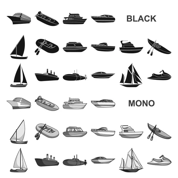 Víz- és tengeri közlekedés fekete ikonok beállítása gyűjtemény a design. Csónakok és hajók különböző szimbólum állomány honlap illusztráció vektor. — Stock Vector