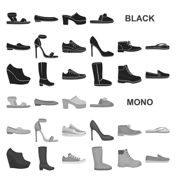 各种鞋的黑色图标集为设计收藏。靴子, 运动鞋矢量符号股票网页插图. — 图库矢量图片