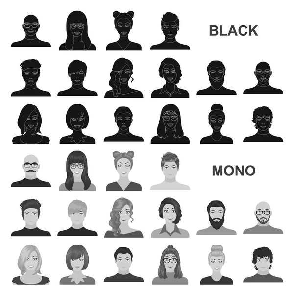 Avatar y los iconos negros de la cara en la colección del sistema para el diseño. Una persona apariencia vector símbolo stock web ilustración . — Archivo Imágenes Vectoriales