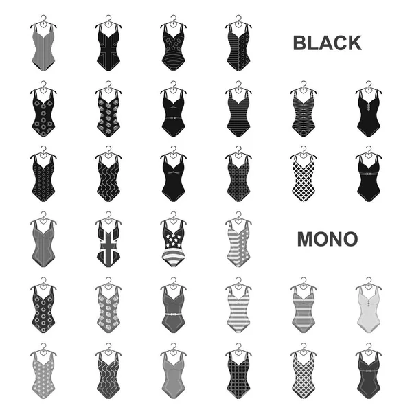 Diferentes tipos de trajes de baño iconos negros en la colección de conjuntos para el diseño. Accesorios de natación vector símbolo stock web ilustración . — Vector de stock