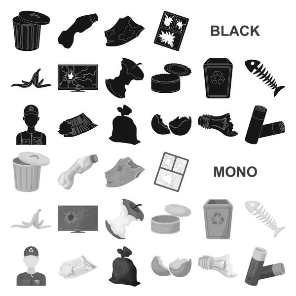 Basura y residuos de iconos negros en la colección de conjuntos para el diseño. Limpieza de basura vector símbolo stock web ilustración . — Archivo Imágenes Vectoriales
