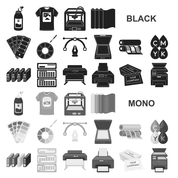 Typograficzne produktów czarny ikony w kolekcja zestaw do projektowania. Drukowanie i sprzęt symbol web czas ilustracja wektorowa. — Wektor stockowy