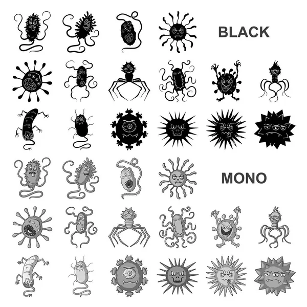 Tipos de micróbios engraçados ícones pretos na coleção de conjuntos para design. Ilustração patogênica da teia do estoque do símbolo do vetor dos micróbios . — Vetor de Stock
