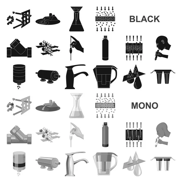 Sistema de filtración de agua iconos negros en la colección de conjuntos para el diseño. Equipo de limpieza vector símbolo stock web ilustración . — Archivo Imágenes Vectoriales