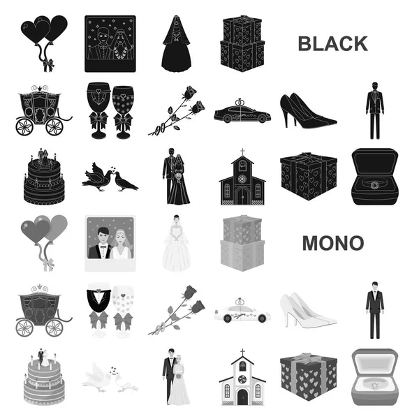 Mariage et attributs icônes noires dans la collection ensemble pour le design. Mariés et accessoires symbole vectoriel stock web illustration . — Image vectorielle