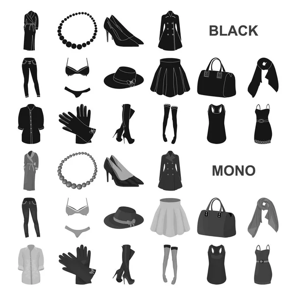 Frauen Kleidung schwarze Symbole in Set Sammlung für design.Kleidung Sorten und Accessoires Vektor Symbol Stock Web-Illustration. — Stockvektor