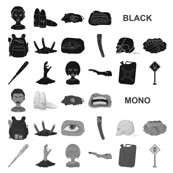 Zombik és attribútumok fekete ikonok beállítása gyűjtemény a design. Halott ember vektor szimbólum állomány honlap illusztráció. — Stock Vector