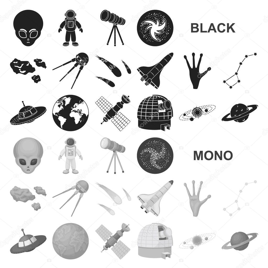 Space technology black icons in set collection for design.Spacecraft and equipment vector symbol stock  illustration.