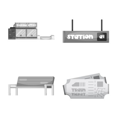 Tren ve istasyon logo yalıtılmış nesne. Hisse senedi için tren ve bilet vektör simge topluluğu.
