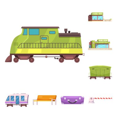 Tren ve istasyonu işareti yalıtılmış nesne. Tren ve bilet hisse senedi vektör çizim seti.