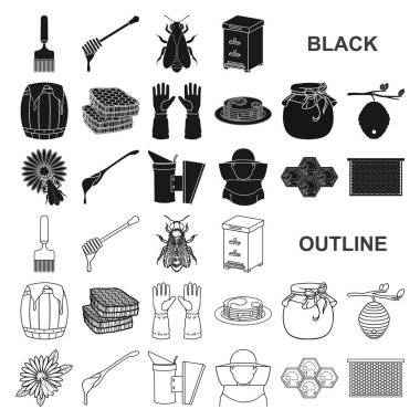Arı kovanı ve arıcılık set koleksiyonu tasarım için simgeler siyah. Ekipman ve bal üretim sembol stok web illüstrasyon vektör.