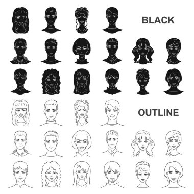 Set koleksiyonu tasarım için simgeler siyah avatar ve yüz. Bir kişi görünümü vektör simge stok web çizim.