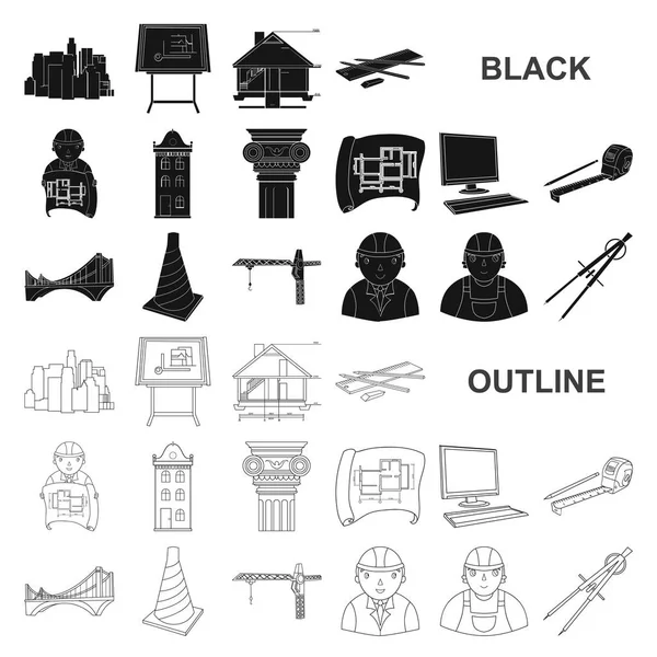 Mimarlık ve inşaat set koleksiyonu tasarım için simgeler siyah. Mimar ve ekipman sembol stok web illüstrasyon vektör. — Stok Vektör