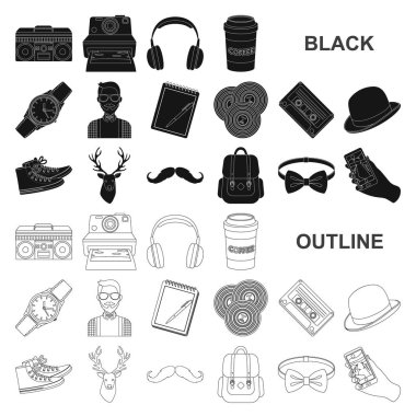 Set koleksiyonu tasarım için stil Hipster siyah simgeler. Sembol stok web illüstrasyon vektör hipster öznitelikleri ve aksesuarları.