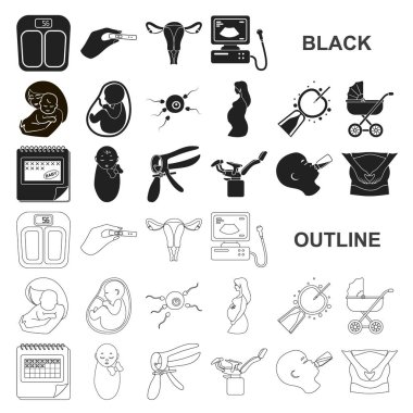 Woman and pregnancy black icons in set collection for design. Gynecology and equipment vector symbol stock web illustration. clipart