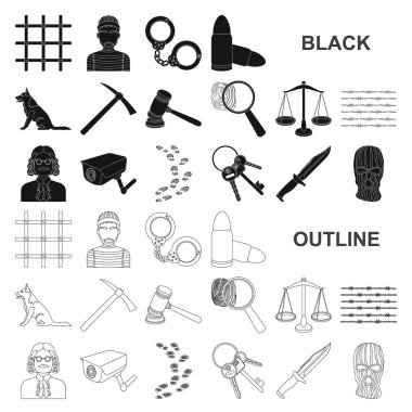Hapishane ve set koleksiyonu tasarım için ceza siyah simgeler. Hapishane ve öznitelikleri sembol stok illüstrasyon vektör.