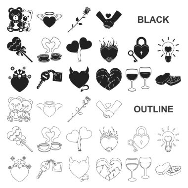 Set koleksiyonu tasarım için romantik ilişki siyah simgeler. Sevgi ve dostluk sembolü hisse senedi web illüstrasyon vektör.