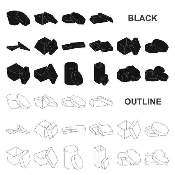 Különböző dobozok fekete ikonok beállítása gyűjtemény a design. Csomagoló doboz vektor szimbólum állomány honlap illusztráció. — Stock Vector