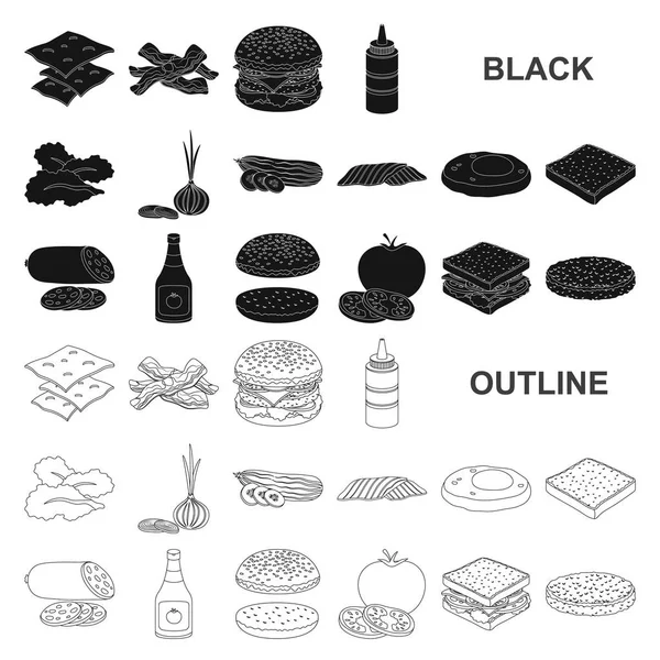 Burger et ingrédients icônes noires dans la collection ensemble pour le design. Burger cuisson vecteur symbole stock web illustration . — Image vectorielle