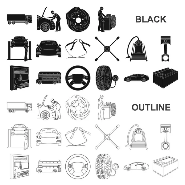 Автомобиль, подъемник, насос и другое оборудование черные иконки в наборе коллекции для дизайна. Векторные символы станции технического обслуживания автомобилей . — стоковый вектор