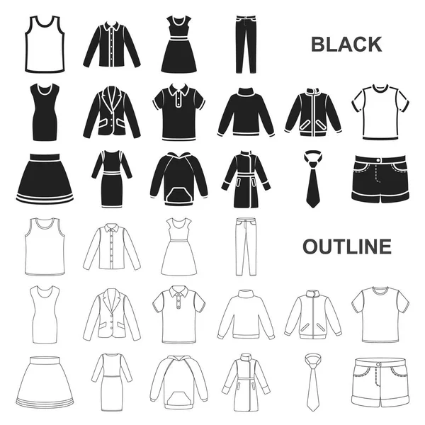 Diferentes tipos de ropa iconos negros en la colección de conjuntos para el diseño. Ropa y estilo vector símbolo stock web ilustración . — Archivo Imágenes Vectoriales