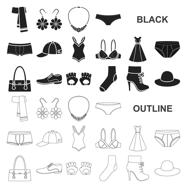 Kleding en accessoires zwarte pictogrammen in set collectie voor design. Schoenen en decoratie vector symbool voorraad web illustratie. — Stockvector