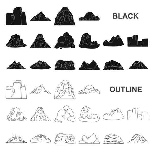 Diferentes montañas iconos negros en la colección de conjuntos para design.Mountains y vector de paisaje símbolo stock web ilustración . — Vector de stock