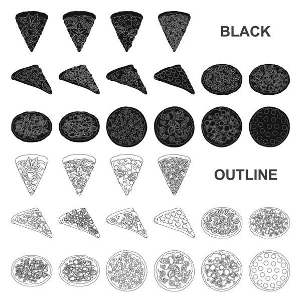 Diferentes iconos de pizza negro en la colección de conjuntos para design.Pizza alimento vector símbolo stock web ilustración . — Vector de stock