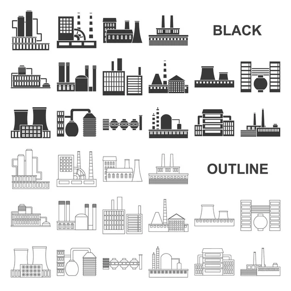 Fabriek en voorzieningen zwarte pictogrammen in set collectie voor design. Fabriek en apparatuur symbool voorraad web vectorillustratie. — Stockvector