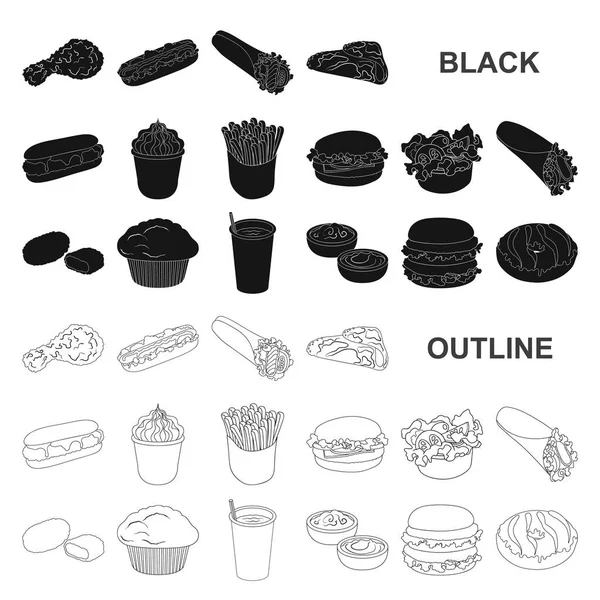 快速食物黑色图标集合中的设计 半成品食品矢量符号库存图 — 图库矢量图片