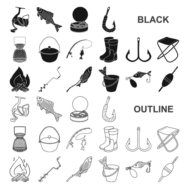 Pesca y descanso iconos negros en la colección de conjuntos para el diseño. Tackle para la ilustración de la tela del símbolo del vector de pesca . — Vector de stock