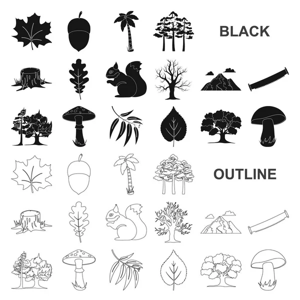 Bos en natuur zwarte pictogrammen in set collectie voor design. Bos leven vectorillustratie symbool voorraad web. — Stockvector