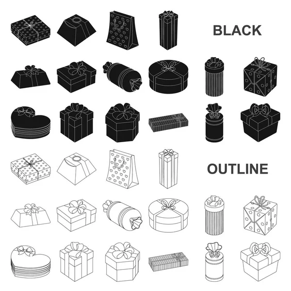 Presente e embalagem de ícones pretos na coleção de conjuntos para design.Colorful embalagem vetor símbolo web ilustração . —  Vetores de Stock