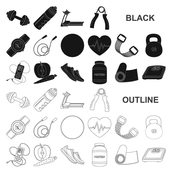 Fitnessstudio und Training schwarze Symbole in Set-Kollektion für Design. Fitnessstudio und Geräte Vektor Symbol Stock Web Illustration. — Stockvektor