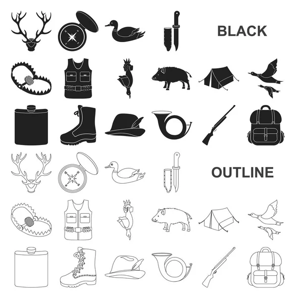 Охотничьи и трофейные черные кошки в коллекции для дизайна. Иллюстрация векторных символов охоты и оборудования . — стоковый вектор
