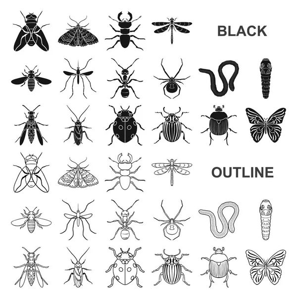 Verschiedene Arten von Insekten schwarze Symbole in Set Sammlung für Design. Insekt Arthropoden Vektor Symbol Stock Web Illustration. — Stockvektor